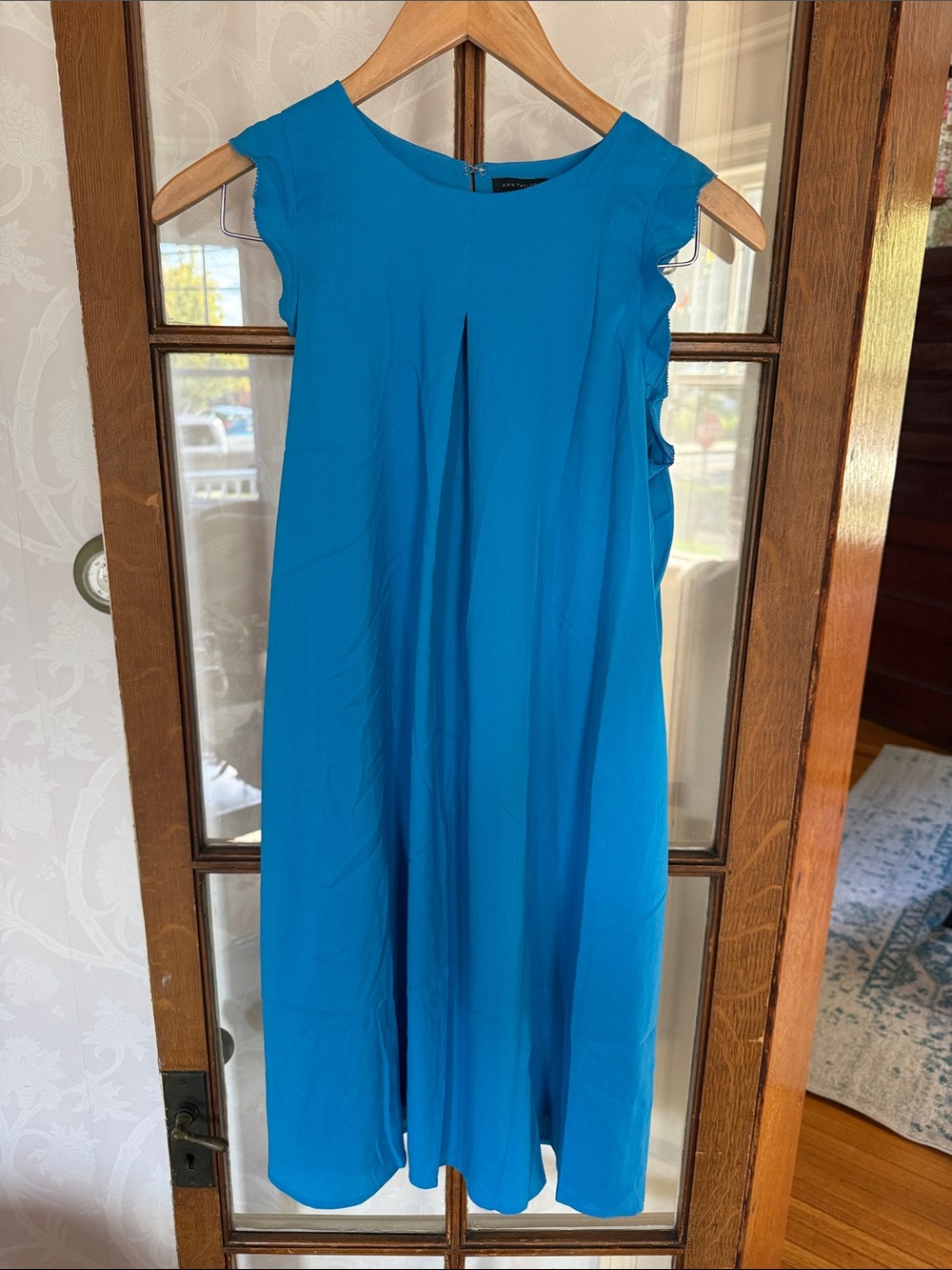 Ann Taylor Turquoise Sleeveless Midi Dress with Ruffle Shoulders